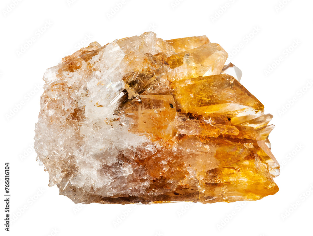 close up of sample of natural stone from geological collection - cluster of creedite mineral isolated on white background from Mexico