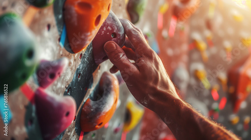 climbing wall. Close-up of a hand holding on to a climbing wall photo