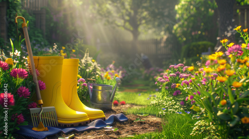 Yellow rubber boots dominate the foreground surrounded by a riot of multicolored flowers and gardening tools.