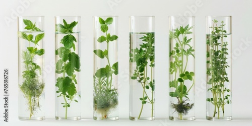 Quintet of herbal essences captured in scientific within glass vials photo