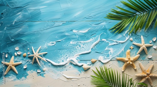 tropical summer background with seawater, palm trees, and starfish.