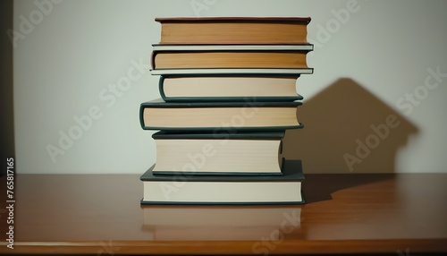 A stack of books stand on the tables photo