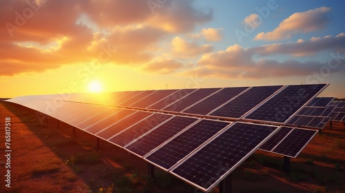 panoramic view of solar panels against the backdrop of the setting sun  symbol of renewable energy. Concept  Stimulating the use of renewable energy sources  environmentally friendly technologies 
