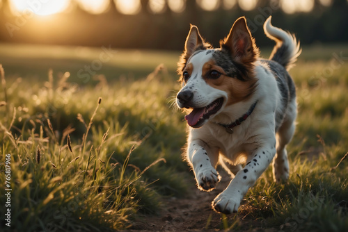 Ausgelassener Hund im Lauf durch goldenes Feld im Abendlicht – Freude in Bewegung photo