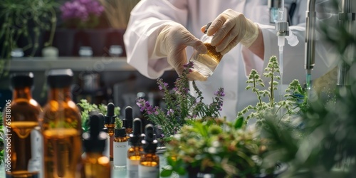 Composition of natural alternative medicine with capsules essence and plants photo