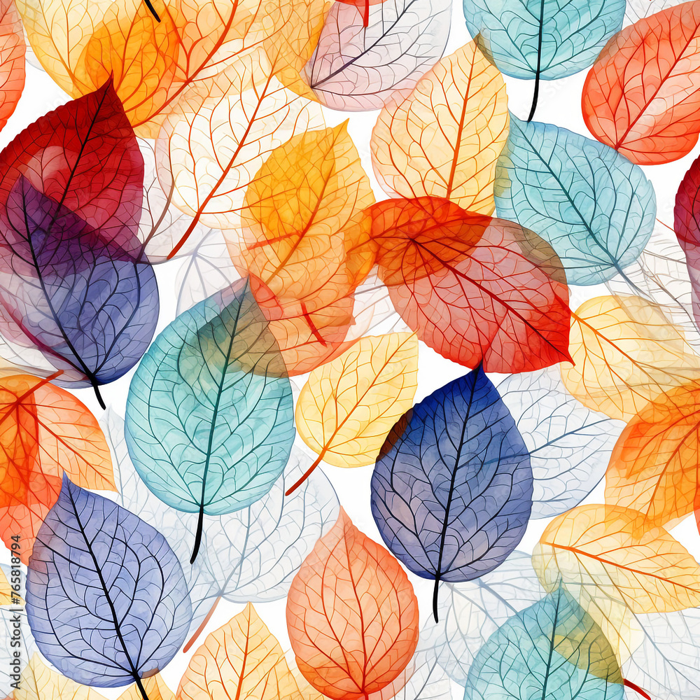 Many leaf colored leaves in a pattern on white, in the style of translucent geometries, textured backgrounds сreated with Generative Ai