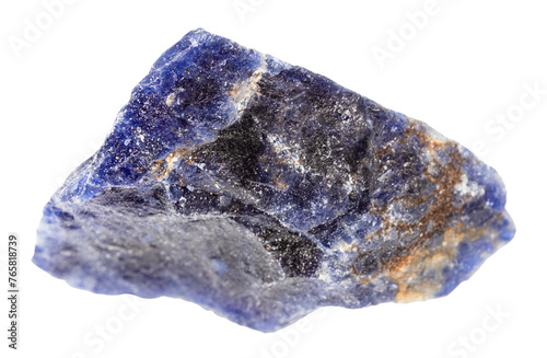 close up of sample of natural stone from geological collection - unpolished sodalite mineral isolated on white background