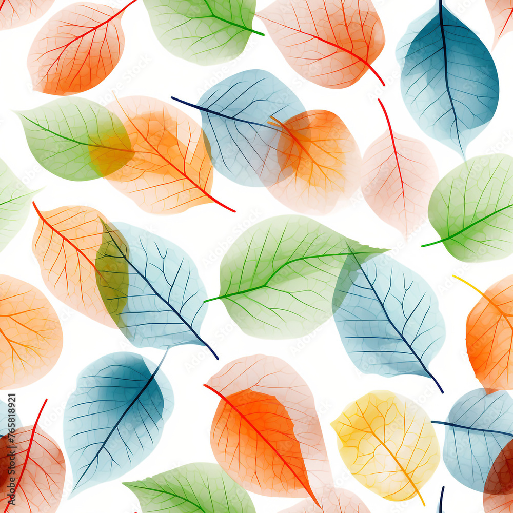 Many leaf colored leaves in a pattern on white, in the style of translucent geometries, textured backgrounds сreated with Generative Ai