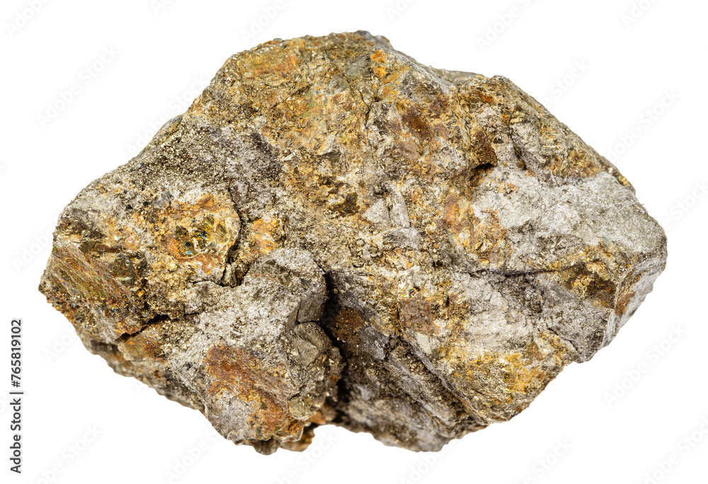 close up of sample of natural stone from geological collection - rough pyrite mineral isolated on white background