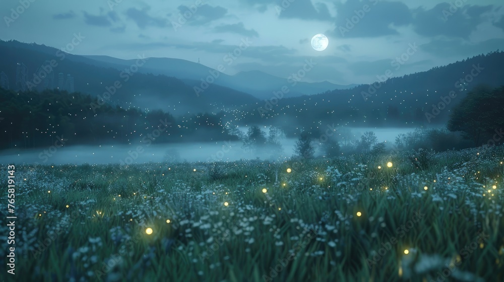 A serene night landscape with fireflies illuminating a wildflower meadow and a full moon over mountains