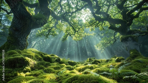 Sunlight filters through an old mossy forest  casting light beams onto the vibrant green undergrowth.