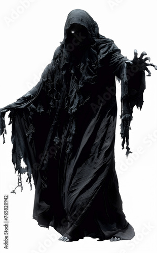 Full Body Black Ghostly Figure in Tattered Cloak - Isolated Transparent Background