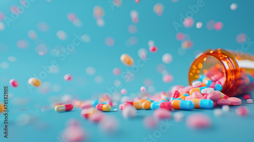 Colorful pills spilling from an overturned bottle against a blue background. Healthcare and pharmaceutical concept. Ideal for discussions about medicine, prescriptions, health supplements, and drug sa