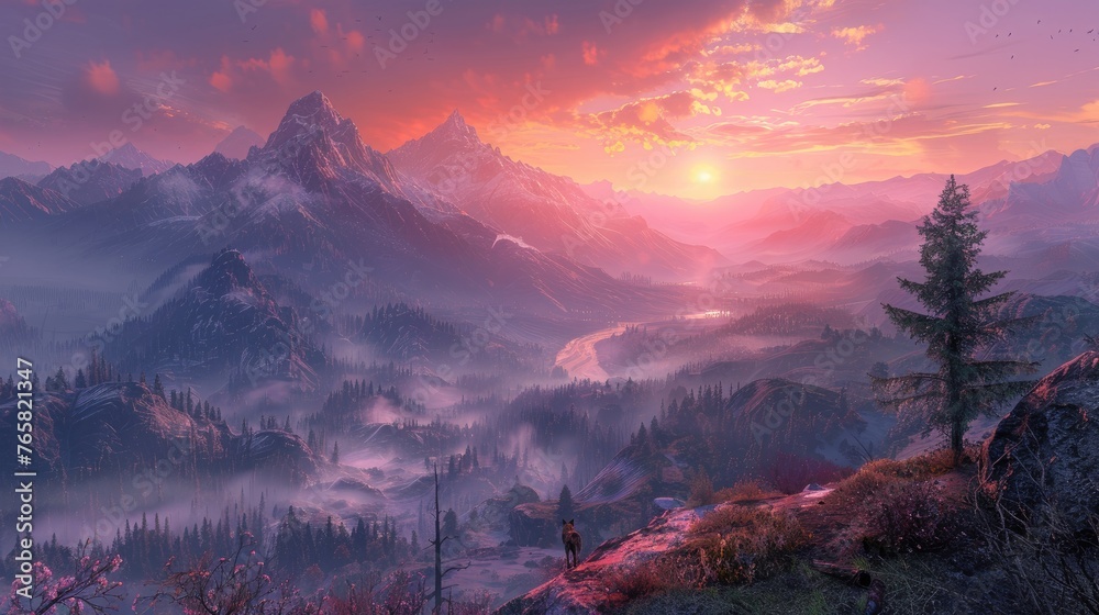 A vibrant sunrise with shades of pink and orange illuminates a mist-covered mountainous landscape.