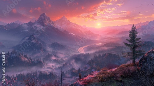 A vibrant sunrise with shades of pink and orange illuminates a mist-covered mountainous landscape. © Jonas