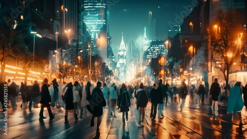 Crowd of people walking in the street at night, motion blur, Crowd of people walking in the city at night. Blurred background, AI Generated photo