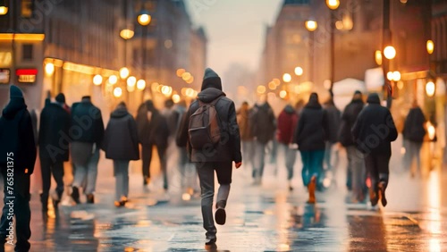 Crowd of people walking on the street in the evening at sunset, Crowd of people walking in the city at night. Blurred background, AI Generated photo