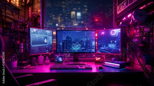 3D rendering of a gamer workspace with a lot of gaming equipment, Cyberpunk gamer workspace with computer and mouse. 3d rendering, AI Generated photo