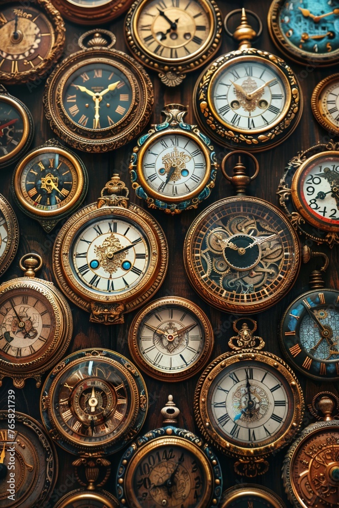 Create a captivating design featuring closeup shots of clocks Each clock should symbolize a different civilization, with intricate details that unfold their unique history every hour Transport viewers