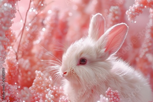 Fluffy white rabbit made of candy, crystal clear eyes, soft lighting, closeup