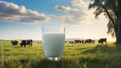 a cold, fresh milk glass in the meadow with cows grazing in the distance