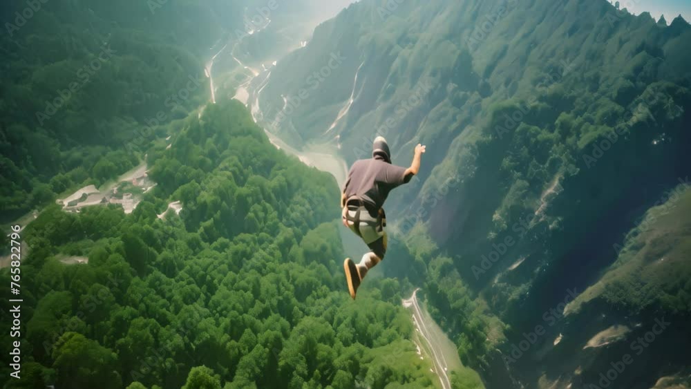 Skydiving in the mountains. A man jumps from a cliff into the abyss, Extreme Bungee jumping on the mountain, top view, no visible faces, AI Generated