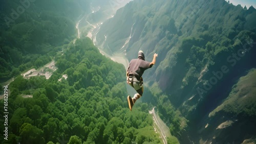 Skydiving in the mountains. A man jumps from a cliff into the abyss, Extreme Bungee jumping on the mountain, top view, no visible faces, AI Generated photo