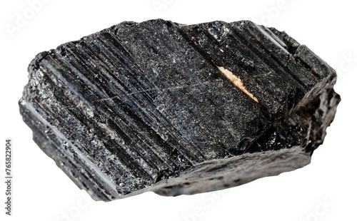close up of sample of natural stone from geological collection - raw black tourmaline (schorl) mineral isolated on white background