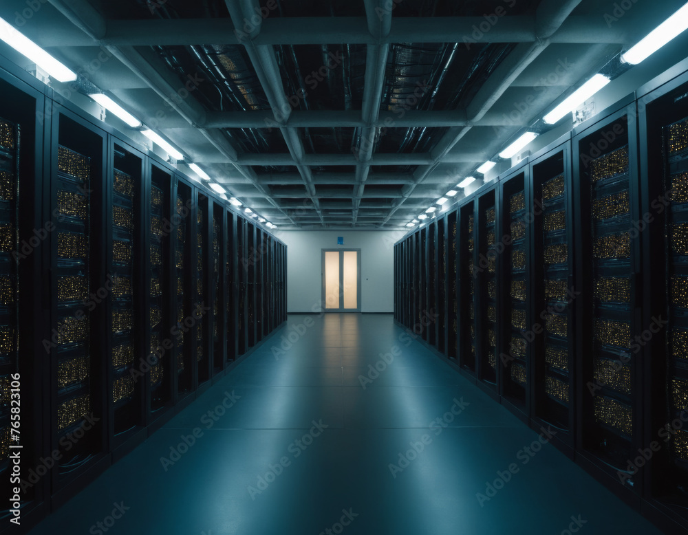 Fototapeta premium Futuristic Server Room with Blue and Golden Lights