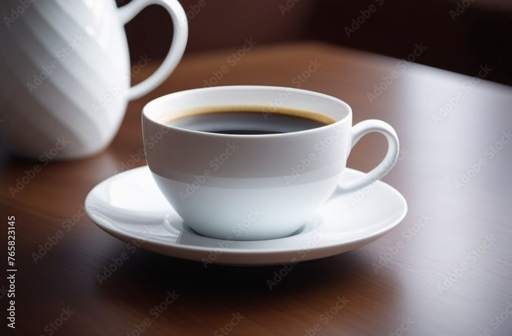 A white coffee cup on the table. Coziness and advertisement of coffee shops A white coffee cup on the table. Coziness and advertisement of coffee shops