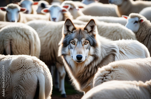 A cunning wolf in a flock of sheep, personifying individuality against a background of conformity or hidden threats.