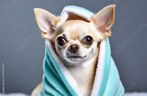 Cute funny chihuahua dog wearing towel after bath  dog spa and grooming concept.