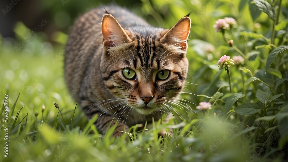 Cat pursuing a small mouse in the garden's lush grass