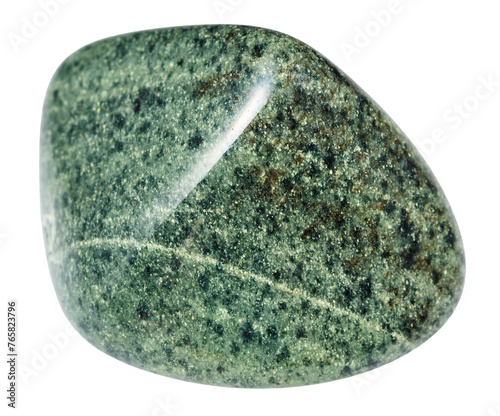 close up of sample of natural stone from geological collection - tumbled green quartzite mineral isolated on white background from Kola Peninsula