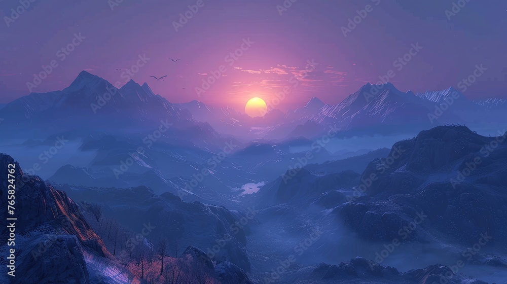 A tranquil landscape with purple hues of sunset over a mountainous valley.
