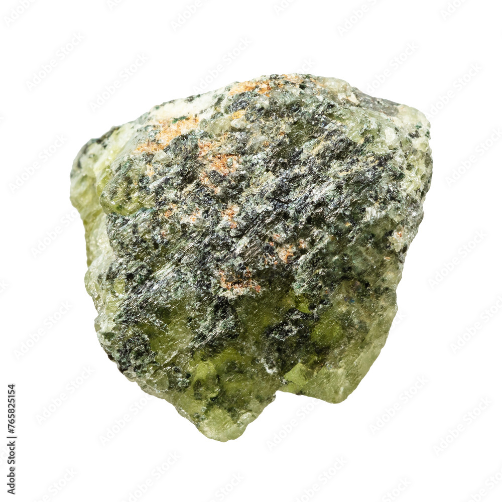 close up of sample of natural stone from geological collection - unpolished green sphene mineral isolated on white background from Pakistan close up of sample of natural stone from geological collection - unpolished green sphene mineral isolated on white background from Pakistan