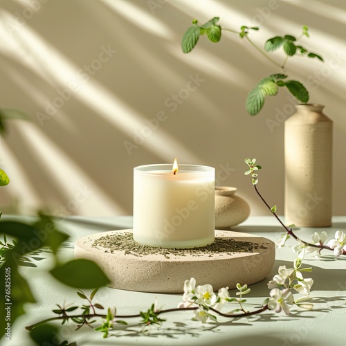 blank scented candle glass mock up spring background