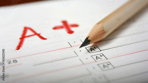 A pencil lies next to a test paper marked with an A  grade.