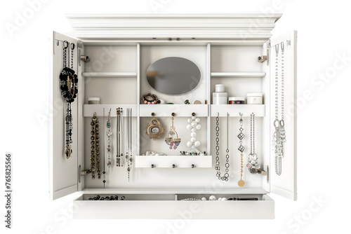 Elegant White Jewelry Organizer Cabinet with Mirror and Storage Compartments - Isolated on Transparent White Background PNG 