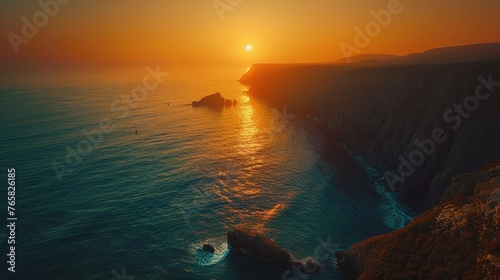 A serene sunset over cliffs with a calm sea reflecting the warm hues of the sun.