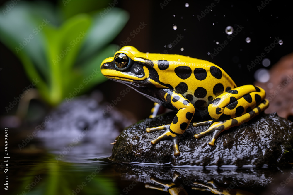 Obraz premium close-up of a yellow and black frog, wildlife documentary photography