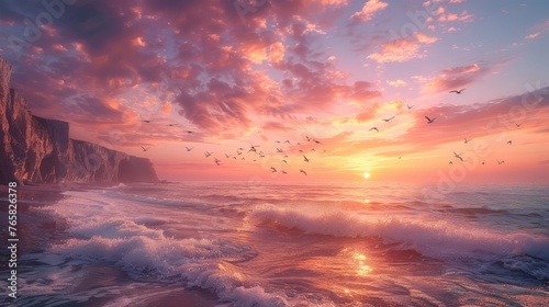 A tranquil ocean sunset with birds in flight, gentle waves, and towering cliffs under a pink-hued sky.