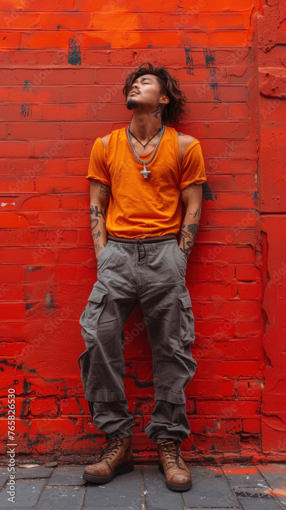 Portrait of Asian attractive man against background of red brick wall Portrait of Asian attractive man against background of red brick wall