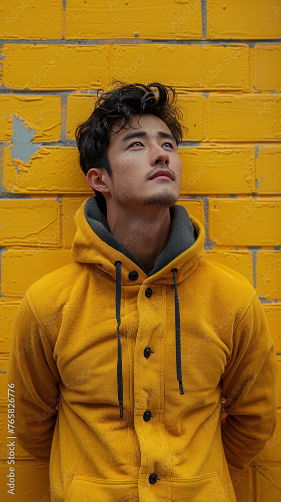 Portrait of Asian attractive man against background of yellow brick wall