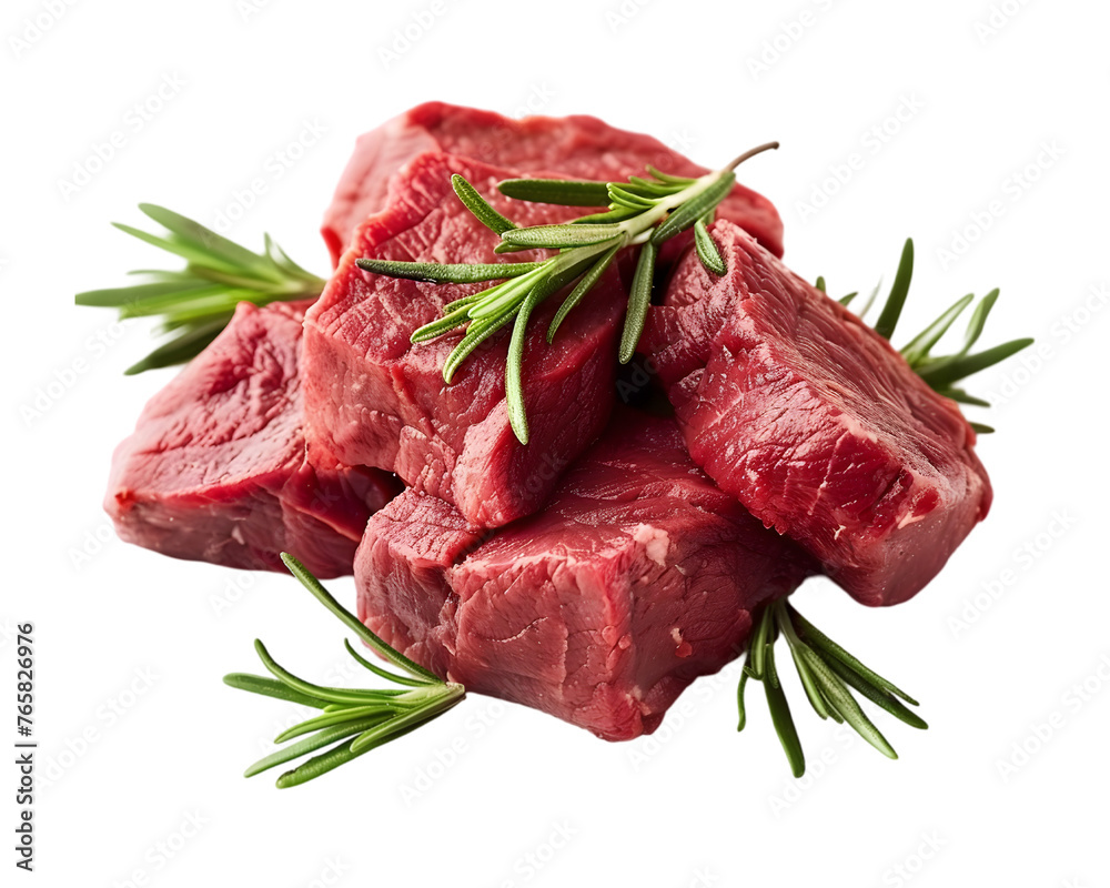 raw beef steak with rosemary on white transparent background