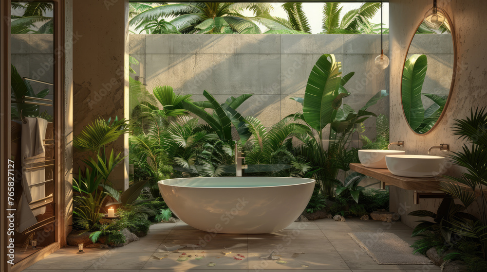 Luxurious freestanding bathtub in a lush tropical bathroom
