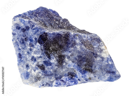 close up of sample of natural stone from geological collection - raw sodalite mineral isolated on white background