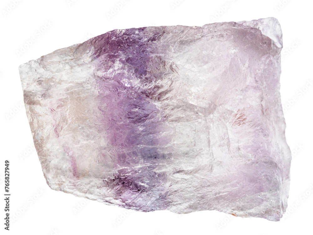 Fototapeta premium close up of sample of natural stone from geological collection - rough purple striped fluorite mineral isolated on white background