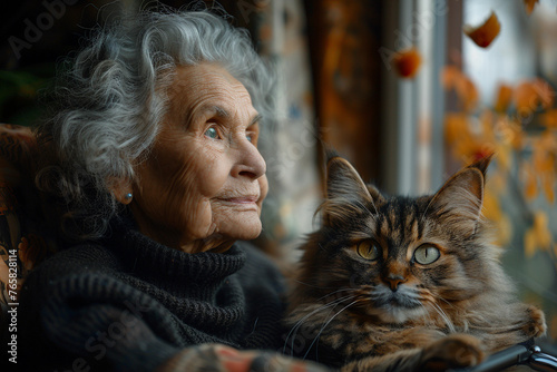 close up portrait senior elderly very old sad woman with domestic cat feeling lonely at poor room house interior looking at one window  dramatic style, AI