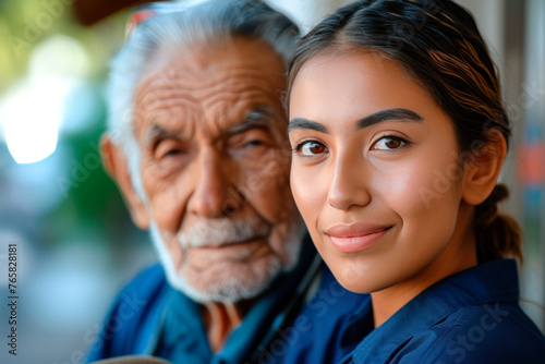 Portrait of a Latin young woman next to an older Latin man. The concept of caring for mature people, social and medical assistance to the elderly population